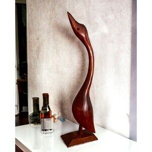 VTG Wooden Long Neck Crane Hand Carved Glossy Figurine Sculpture Folk Art Decor